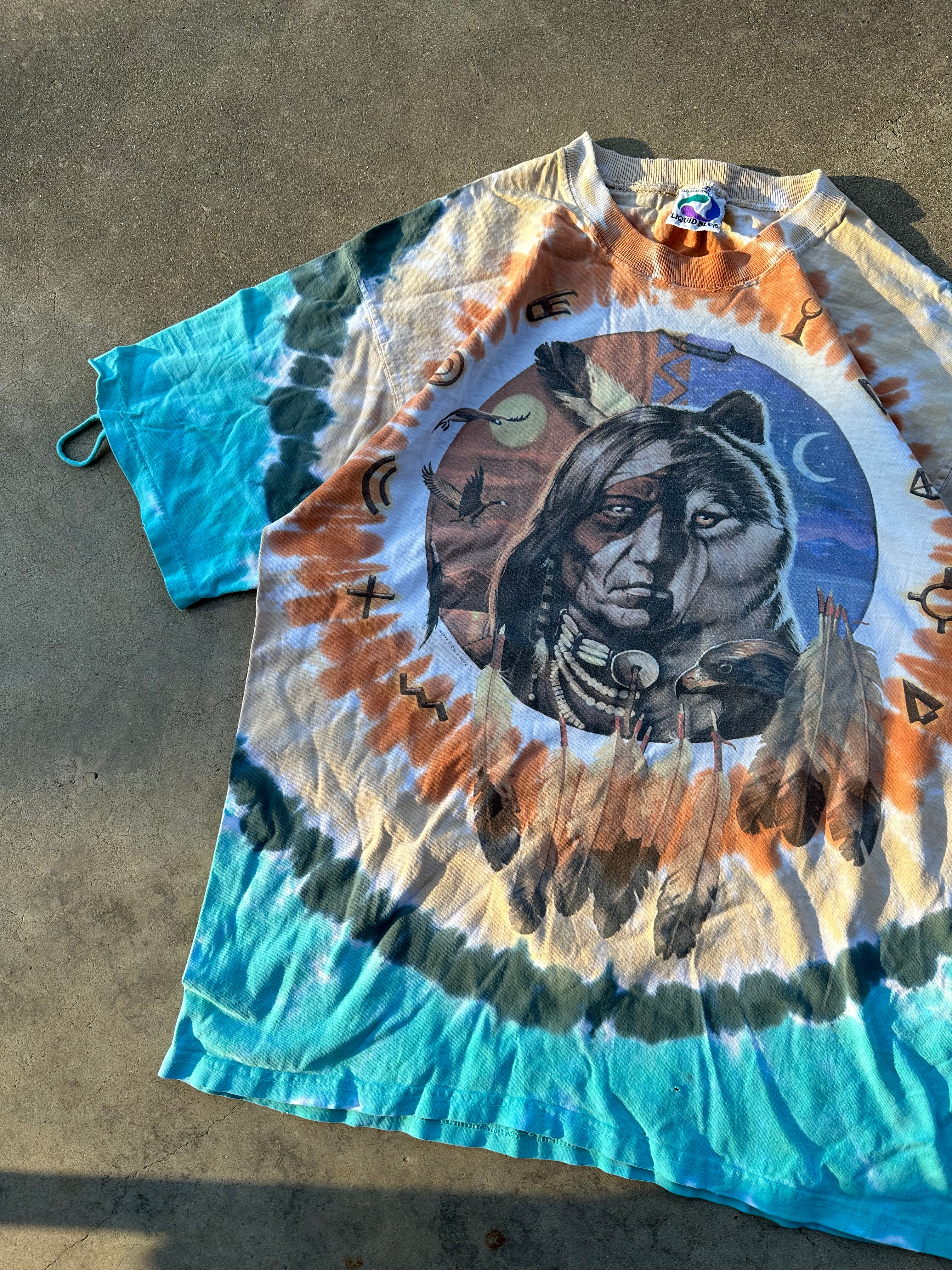 1990s Distressed Native American Liquid Blue T-Shirt (L)