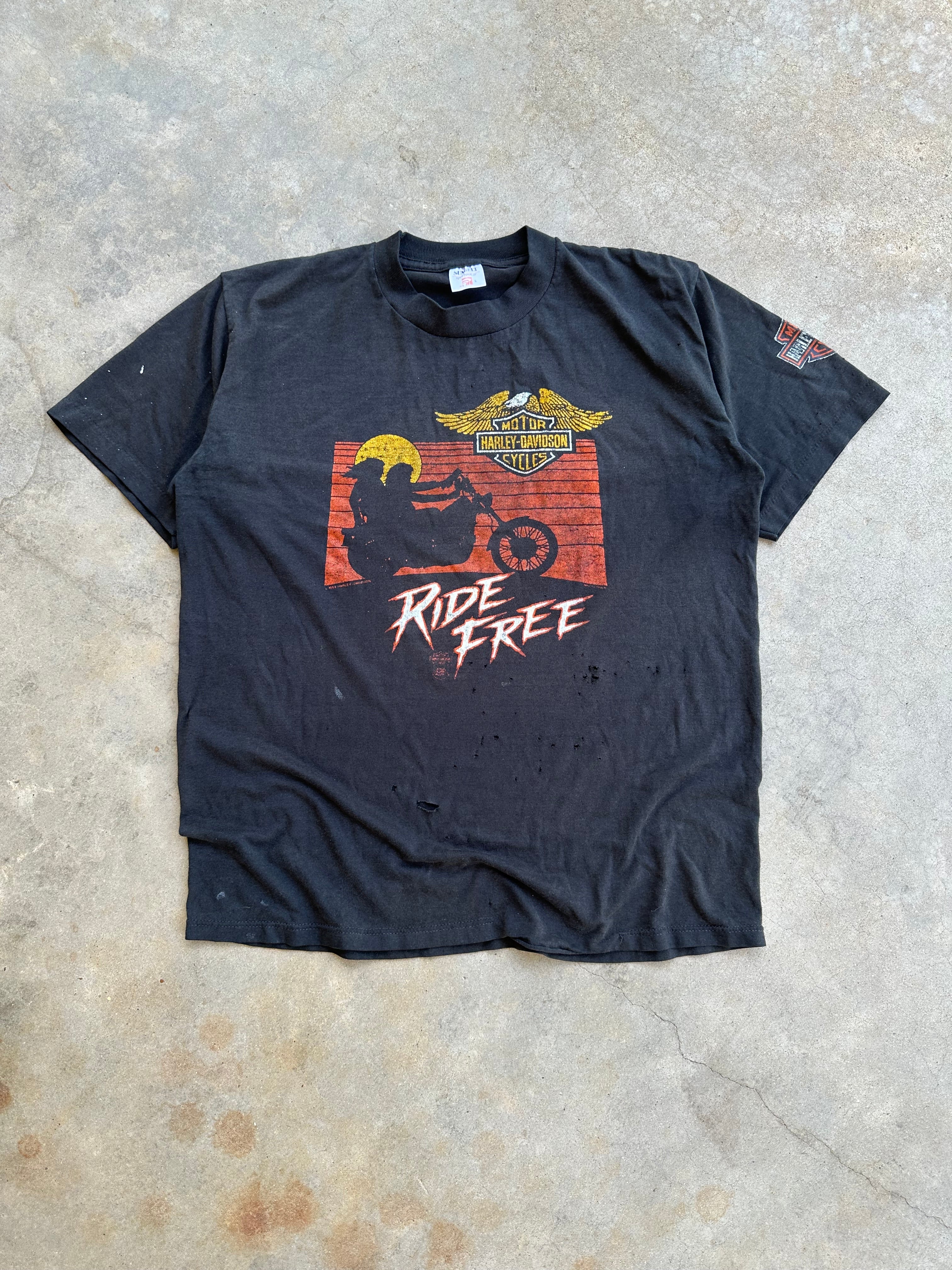 1980s Thrashed Harley Davidson Ride Free T-Shirt (M)