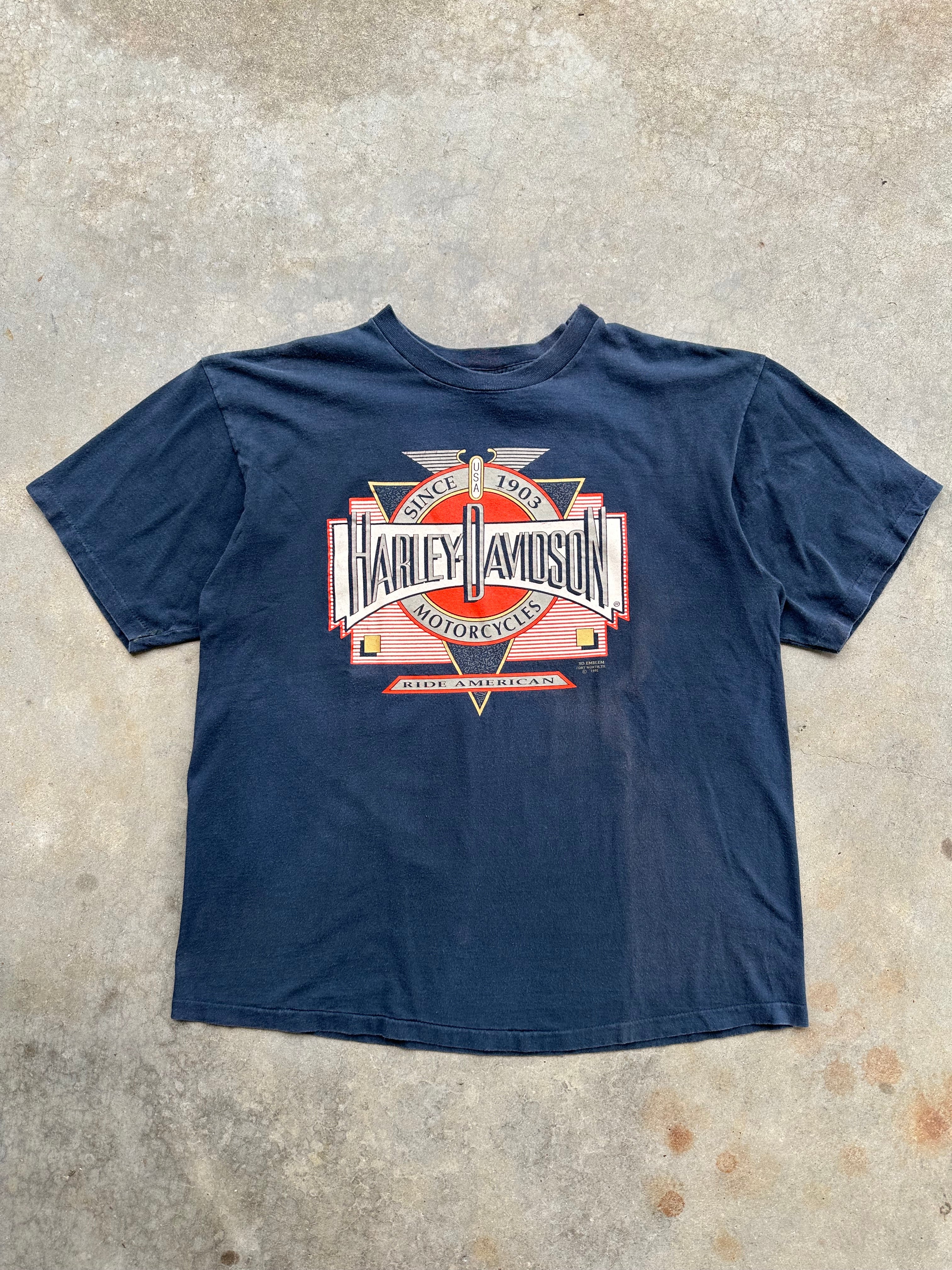 1990s Harley Davidson Ride American 3D Emblem T-Shirt (XL)