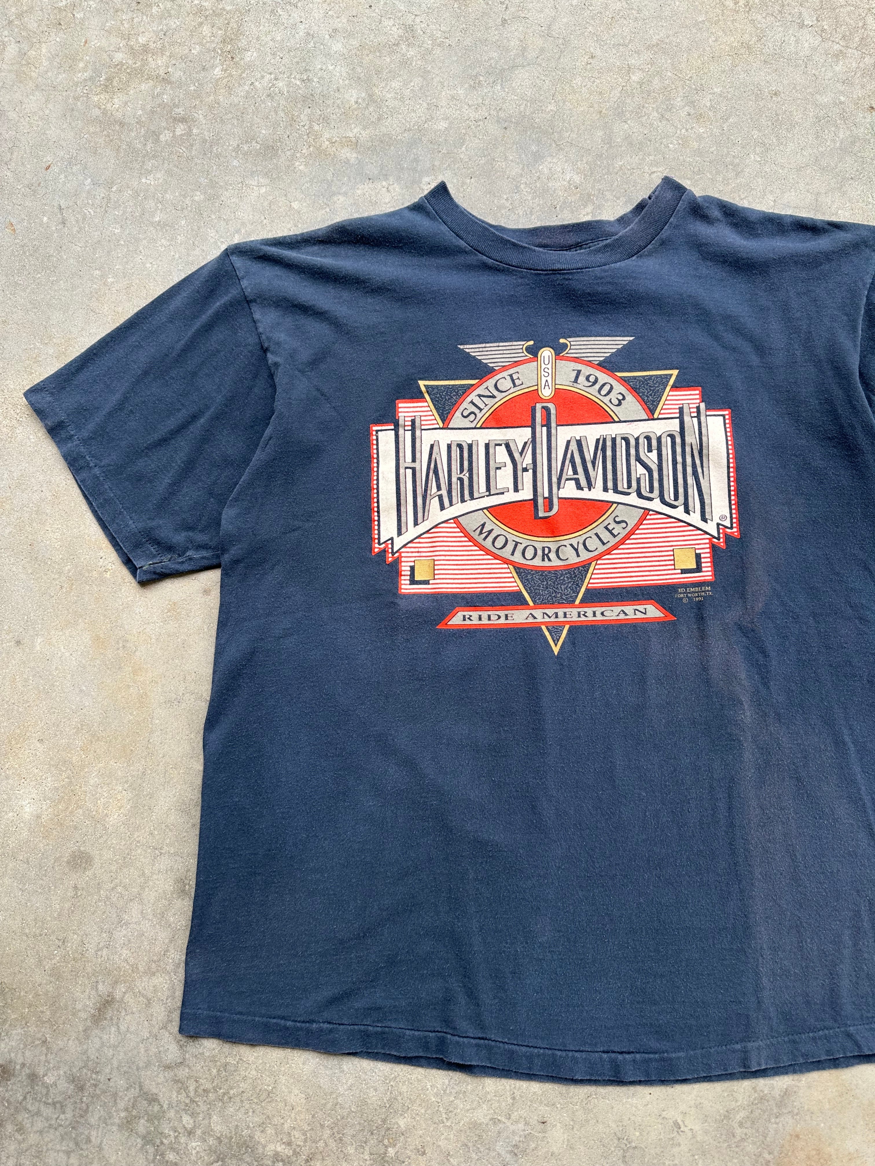 1990s Harley Davidson Ride American 3D Emblem T-Shirt (XL)