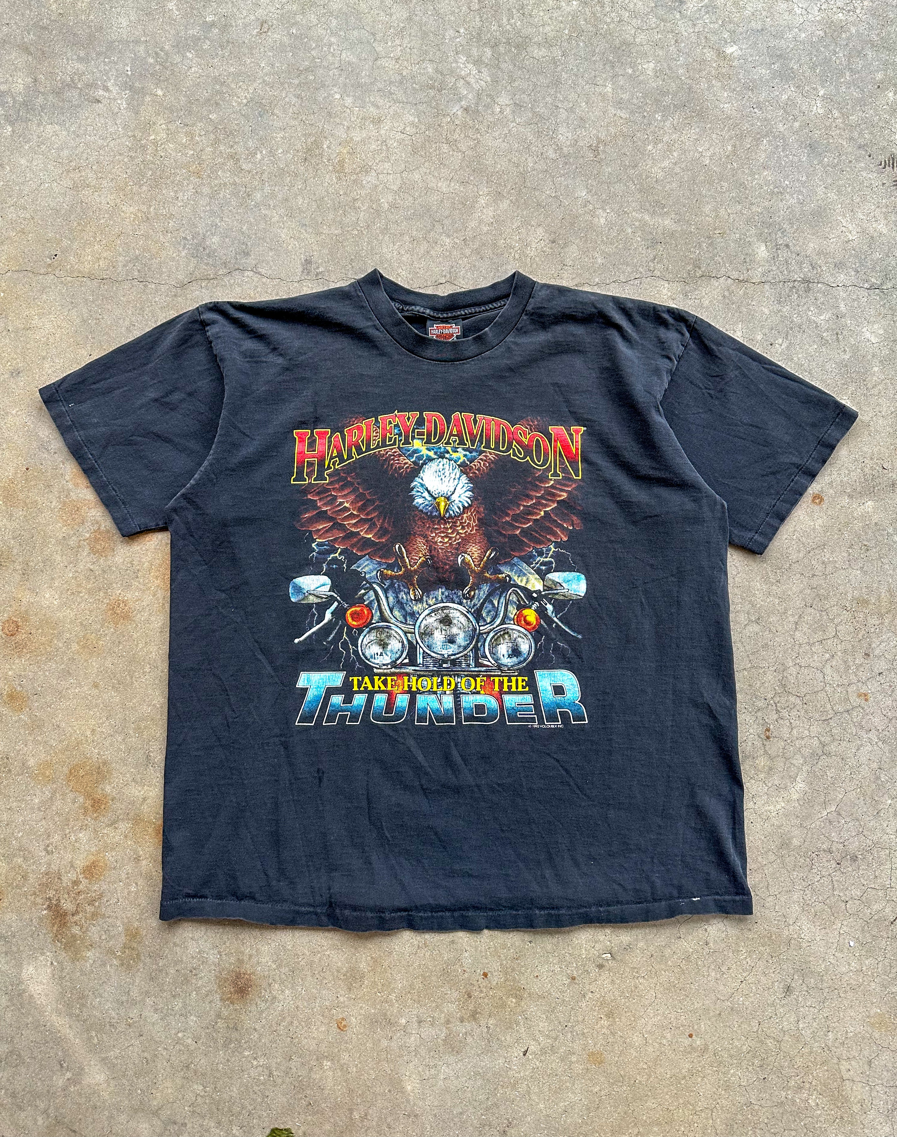 1990s Harley Davidson Take Hold of the Thunder T-Shirt (XL)