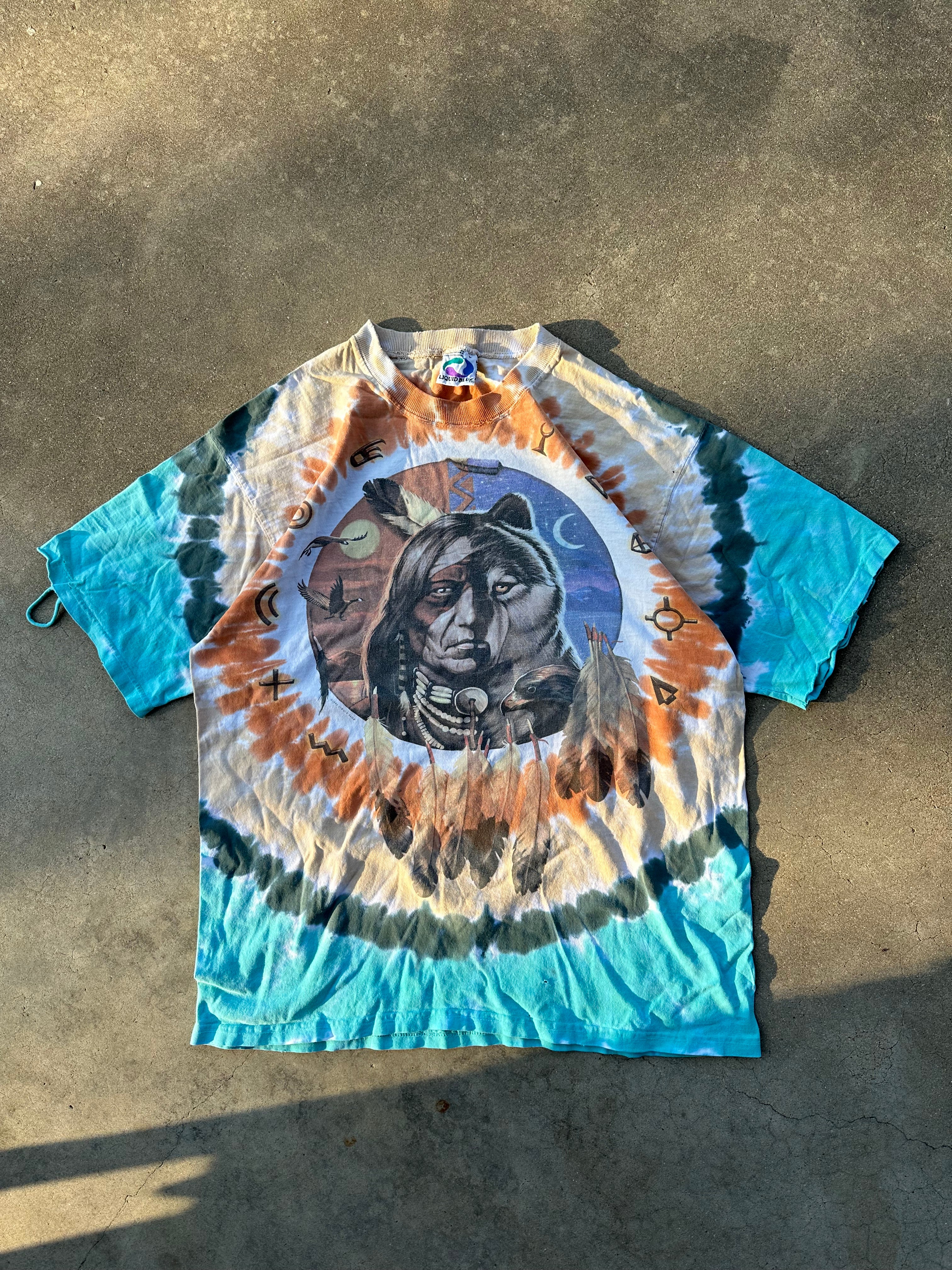 1990s Distressed Native American Liquid Blue T-Shirt (L)