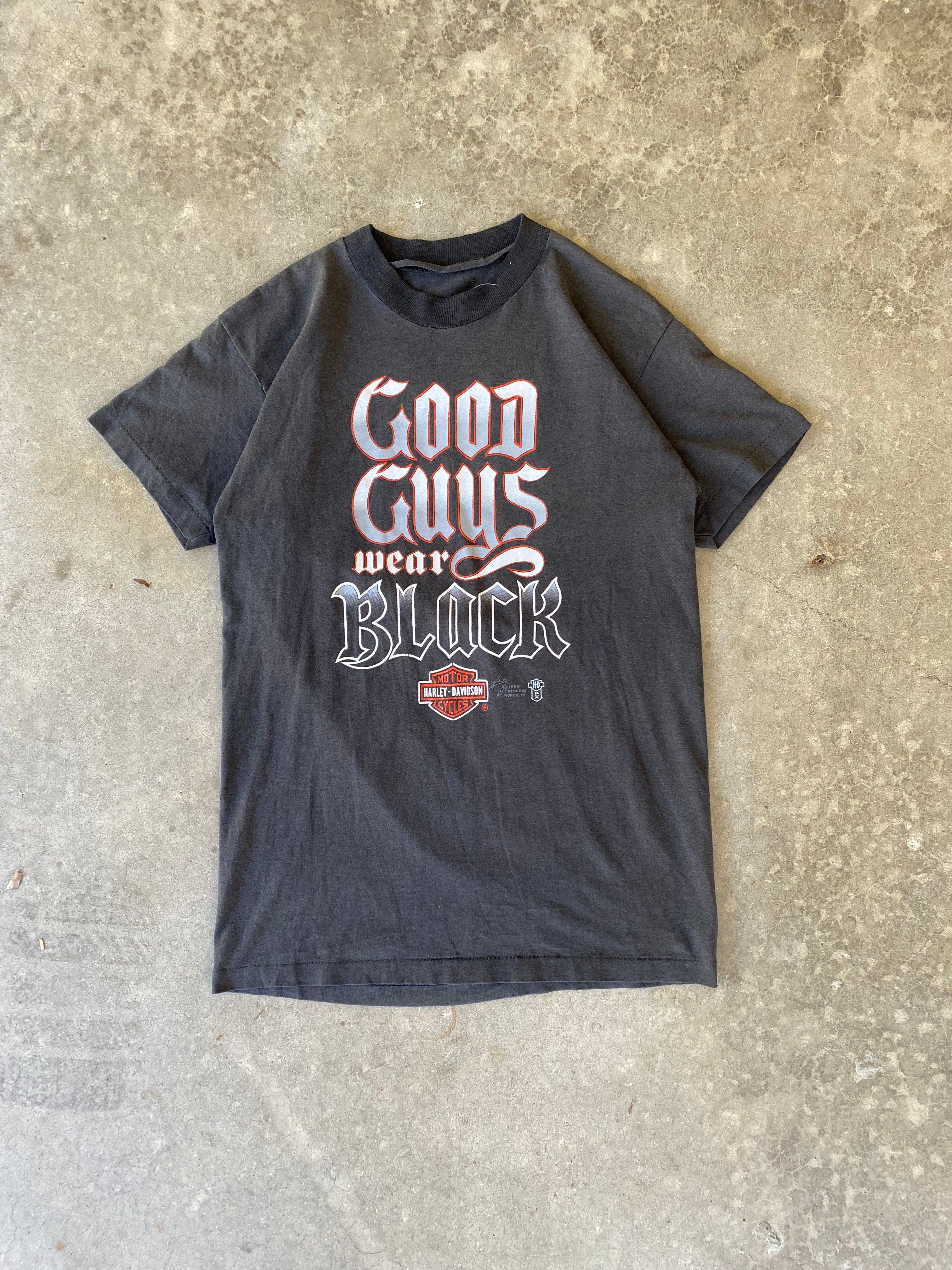 1986 Harley Davidson 3D Emblem "Good Guys Wear Black" T-Shirt (S/M)