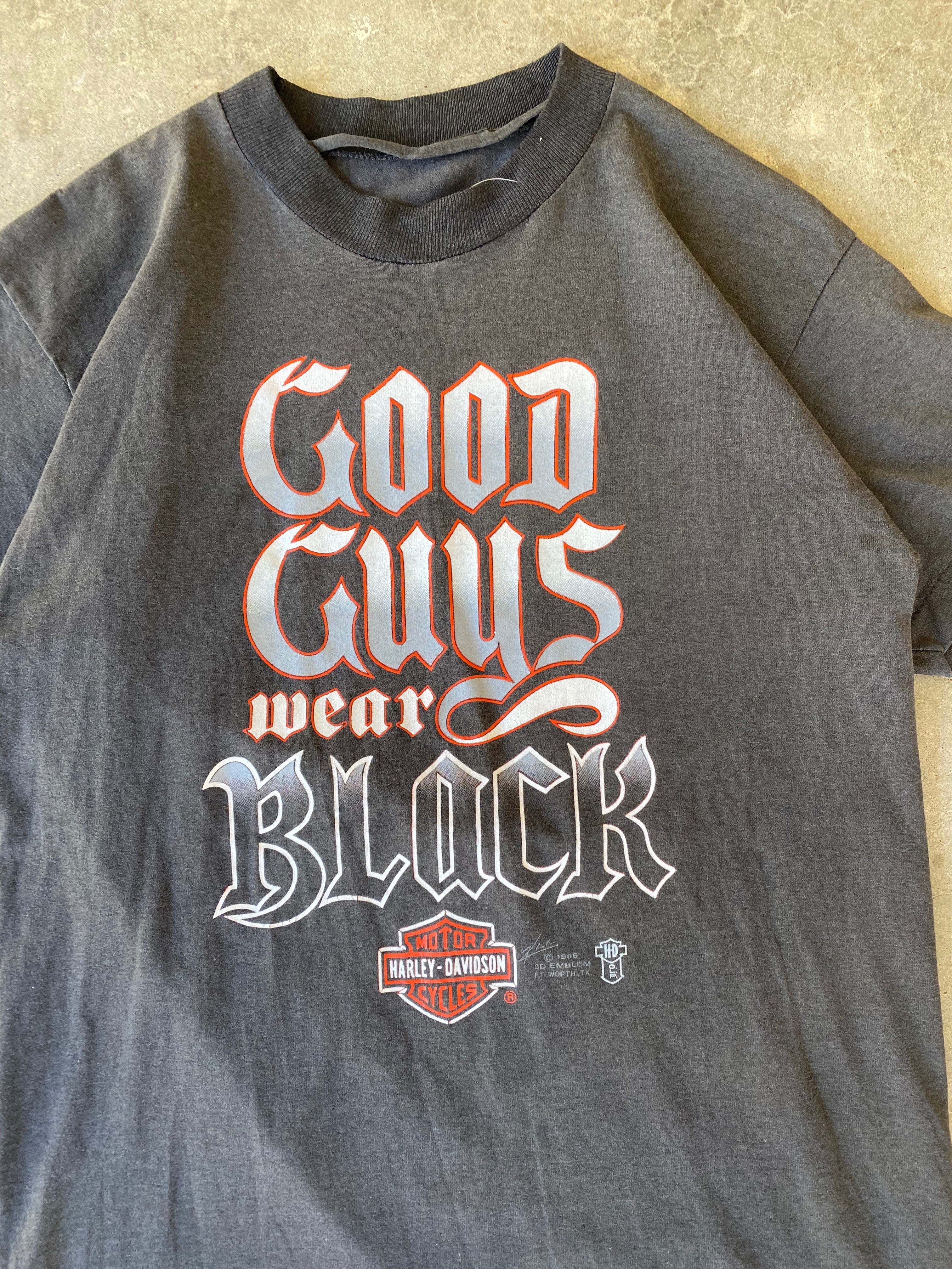 1986 Harley Davidson 3D Emblem "Good Guys Wear Black" T-Shirt (S/M)